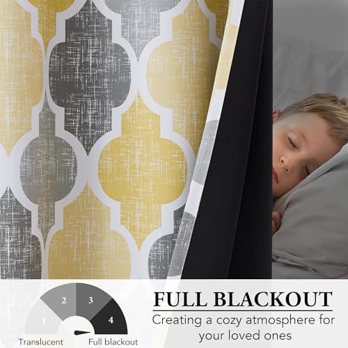 Moroccan 100% Blackout Curtains Bedroom Yellow Grey 50x72 2 Panels (Grommet | Yellow and Grey / 50"W x 72"L (Pack of 2))