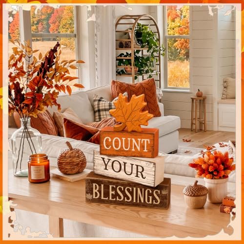 4 Pcs Fall Table Decoration Rustic Maple Leaf Stacked Wooden Blocks (Count Your Blessings)