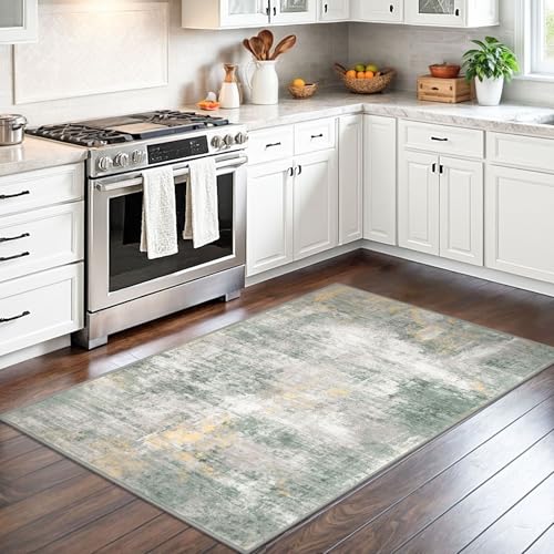 Abstract Area Rug 3x5 Ft Washable Rugs for Entryway Indoor (Light Green/Gray/Orange / 3' x 5' (Rectangular))