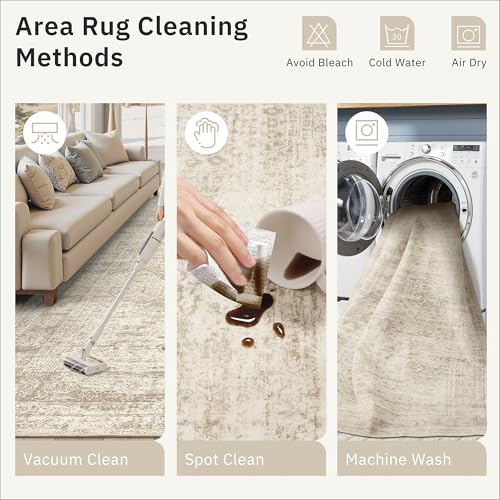5x7 Area Rugs Beige Low Pile Washable Trendy Faded Style Rug (Beige / 5' x 7' (Rectangular))