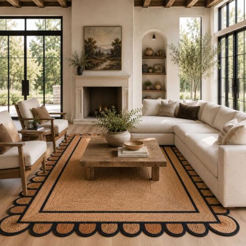 Scalloped Natural Jute Area Rug 9x12 Ft (Black / 9' x 12' (Rectangular))
