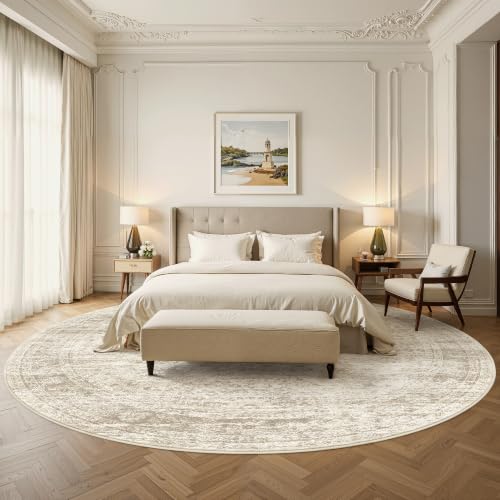 Round Rugs 9ft Living Room Circle Area Rug 9x9 Beige Vintage (Beige / 9' (Round))