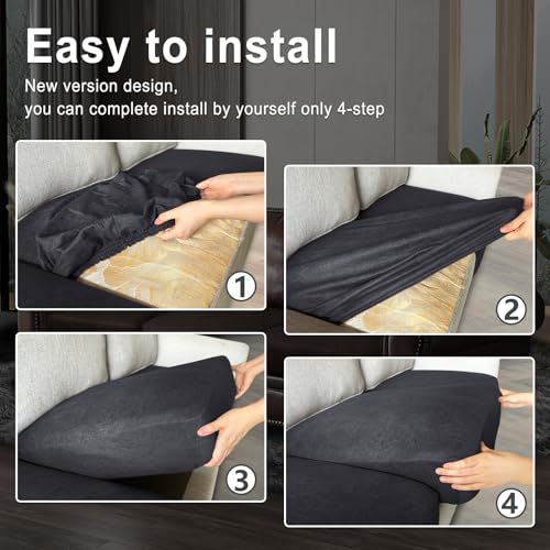 Leather Look Couch Cushion Covers Sofa Seat Slipcovers Sets Couches Furniture Protector for Sectional Armchair Loveseat Pets Kids Stretch Spandex Fabric (1 Cushion Loveseat / 01 Dark Grey)