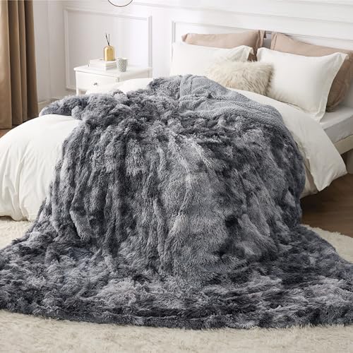 Faux Fur Fluffy Sherpa Fleece Queen Bed Blanket Grey 90"x90" (01- Tie Dye Grey / Queen (90" X 90"))