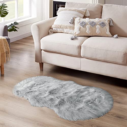 Faux Sheepskin Fur Rug 2x4 Feet Light Grey Fluffy Rugs Shag Furry Rug Small Area Rugs Carpet for Bedroom Living Room (2' x 4' (Sheepskin) / Grey)