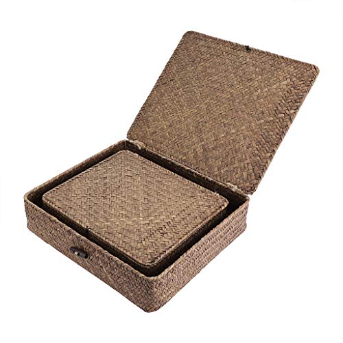 Set of 2 Flat Wicker Storage Basket Bins with Lid Woven Seagrass Box (Small+Large / Coffee)