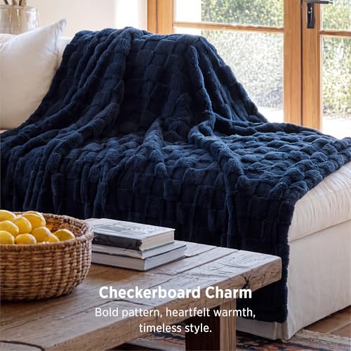 Checkered Fleece Throw Blankets for Bed (06 Navy / Throw XL (50" X 70"))