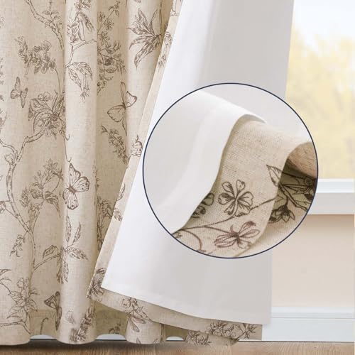 Taupe Floral Linen Curtains Lined 96 Inch Vintage Back Tab 2 Panels (Charlotte Taupe / 50"W x 96"L (Pack of 2))
