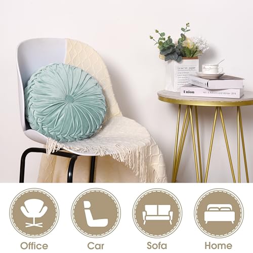 Set of 2 Aqua Velvet Decorative Round Pleated Throw Pillows (Aqua)