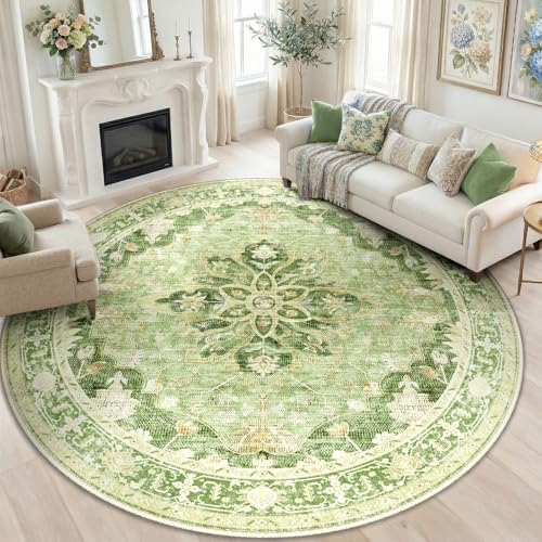 Washable Area Rug (Green/Yellow / 8' (Round))