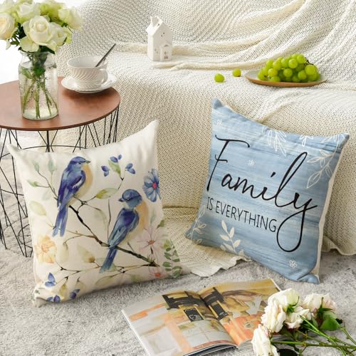 Spring Saying Flowers Butterfly Bird Throw Pillow Covers (Blue / 16" x 16" (Pack of 4))
