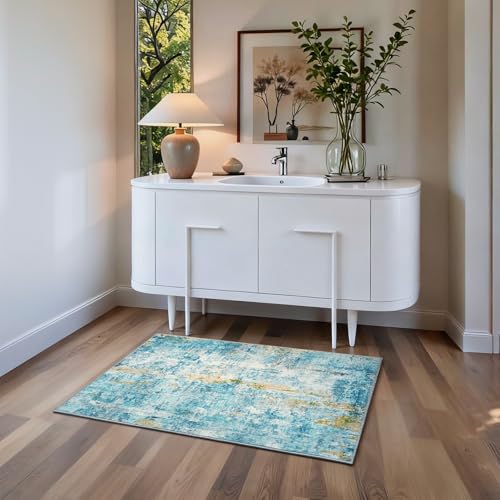 Entrance Rugs Indoor 2x3 Teal Blue Entry Rug Washable Abstract Small Area Rug Non (Teal Blue / 2' x 3' (Rectangular))
