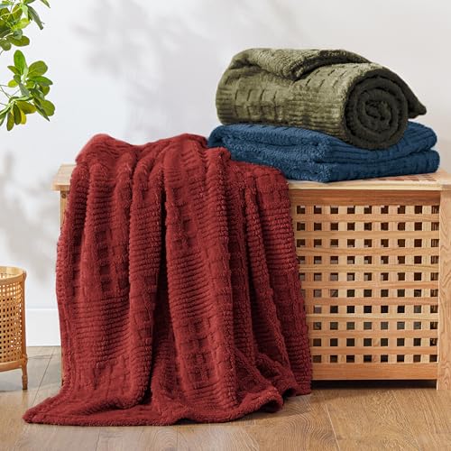 Red Fleece Throw Blanket for Couch or Bed Waffle Pattern Decor (02-red / Throw)