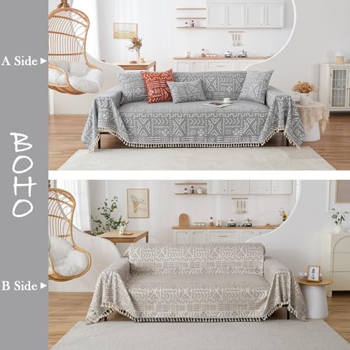 Bohemian Grey and White Couch Cover for Dogs Aztec Tribal Sofa Covers for 3 Cushion Couch Aesthetic Tassel Couch Slipcover Sofa Seat Cover Universal Loverseat Cover Futon Cover (71" x 150" / Tassel 2:grey/White)