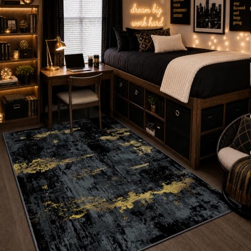 Washable 4'x6' Abstract Area Rug for Living Room Black Gold (Black/Gold / 4' x 6' (Rectangular))