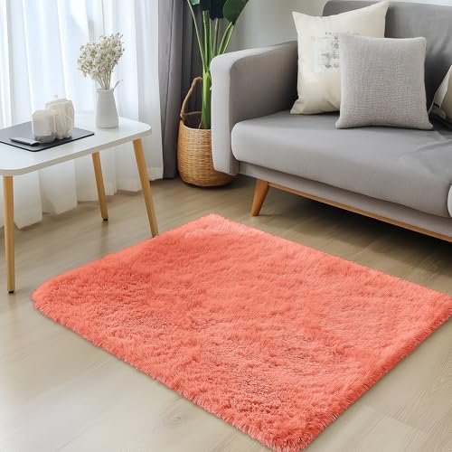 2x3 Machine Washable Small Bedside Rug (2x3 Ft / Coral Red)