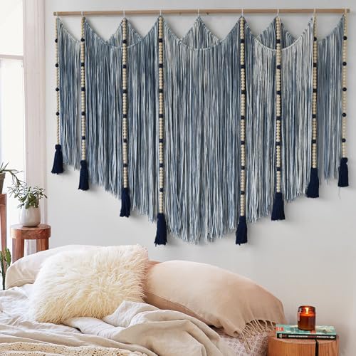 Macrame Wall Hanging Blue Dip Dye Bead Boho Home Decor 57"x43" (Blue)