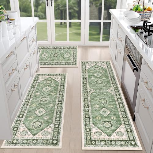 HEBE Boho Kitchen Rugs Set of 3 (Green / 20"x32"+20"x48"+20"x59")