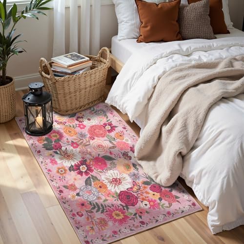 Pink Garden Floral Hallway Runner Rug 2x5 for Bedroom Kitchen (Pink / 2' x 5' (Rectangular))