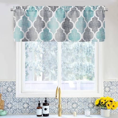 Moroccan Valance Curtains for Kitchen Cafe Aqua Grey 52x18 1 Panel (Rod Pocket | Aqua and Grey / 50"W x 18"L (Pack of 1))