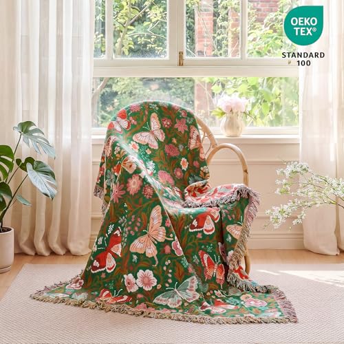 Boho Throw Blanket 50"x60" Fall Cotton Butterfly Floral Blanket (Green Butterfly / 50"x60")