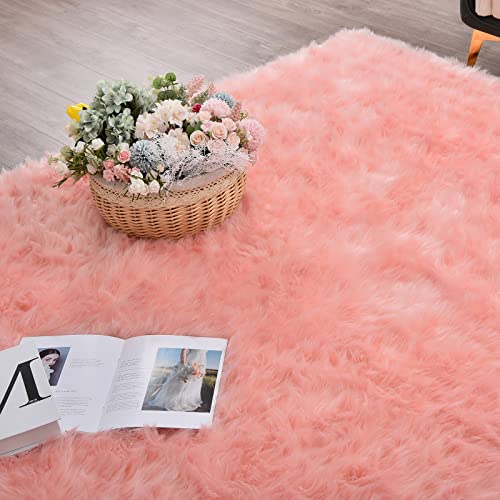 Pink Washable Fluffy Round Rugs for Bedroom Girls Shag Faux Sheepskin Fuzzy Fur Rugs for Living Room Circle Area Rug for Kids Round Rug 5ft (5' (Round) / Pink)
