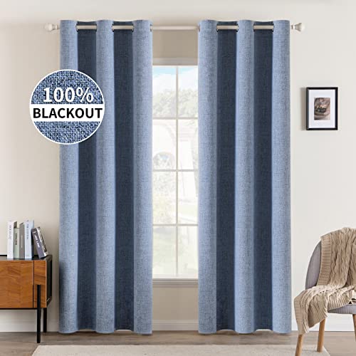 100% Blackout Linen Curtains for Bedroom 42x84 Inches Stone Blue (Stone Blue / 42"W x 84"L (Pack of 2))