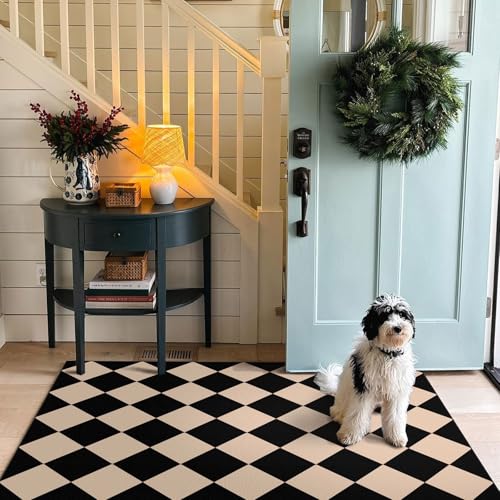 Black Tan Checkered Entry Rug (Diamond - Black / Tan / 3' x 5' (Rectangular))
