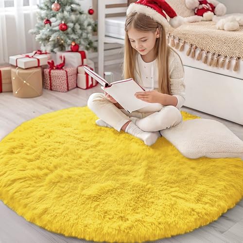 Yellow Round Rugs for Bedroom (4 Ft Round / Yellow)