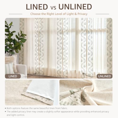 Floral Linen Curtains 90 Inch Farmhouse Back Tab 2 Panels (Sage / 50"W x 90"L (Pack of 2))