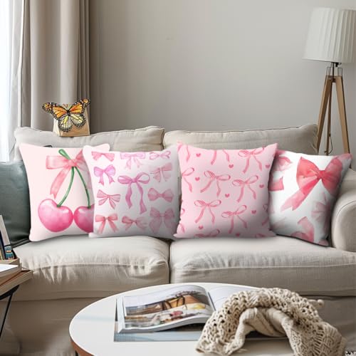 Pink Bow Pillow Covers Preppy Cherry Pillows Covers with Square Pillowcases (Polychromatic 1511)