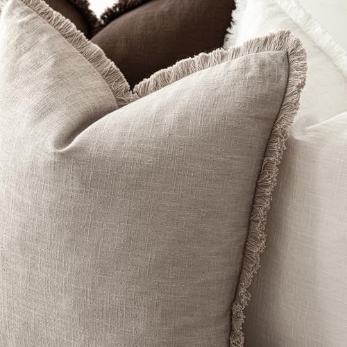 Decorative Linen Fringe Throw Pillow Covers 16×16 Natural Linen (16" x 16" (Pack of 2) / Natural Linen)