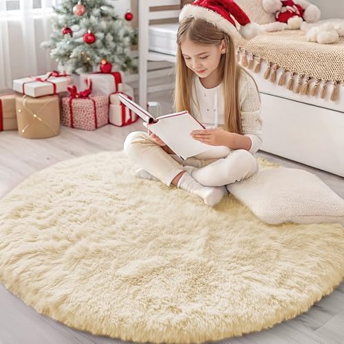 Cream Round Rugs for Bedroom (4 Ft Round / Cream)