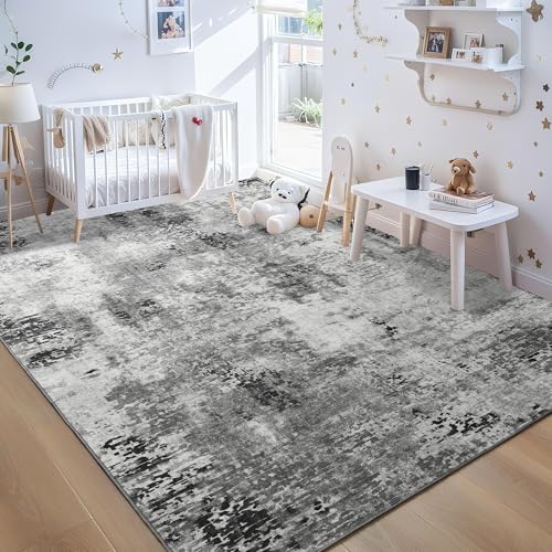 Living Room Rug 7x10 Gray Area Rugs Machine Washable Abstract Boho Large Rug Non (Grey / 7' x 10' (Rectangular))