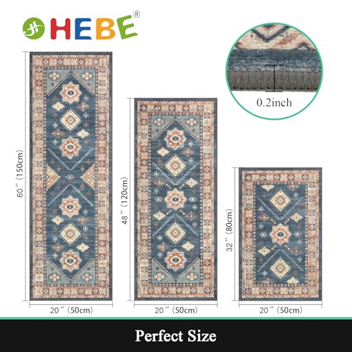 HEBE Boho Kitchen Rugs Set of 3 (Blue/Coffee / 20"x32"+20"x48"+20"x59")