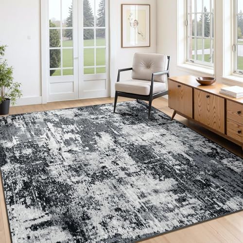 Washable 5'x8' Abstract Area Rug for Living Room Black White (Black/Navy Blue/Gray / 5' x 8' (Rectangular))