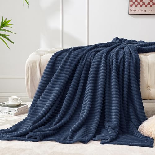 3D Ribbed Navy Blue Fleece Throw Blanket for Couch (Navy / Throw(50"x60"))