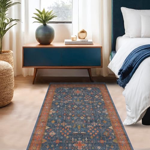 Washable 4x6 Small Rug for Living Room (4' x 6' (Rectangular) / Blue / Terracotta)