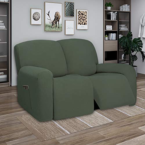 Super Stretch Loveseat Recliner Sofa Couch Cover with Pocket (Medium Recliner Loveseat / Grayish Green)