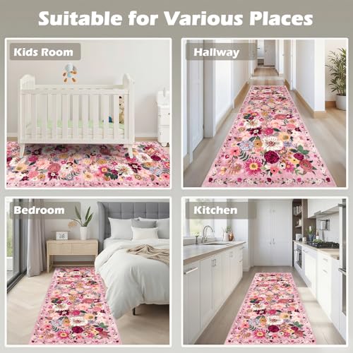 Pink Floral Hallway Runner Rug 2x6 for Bedroom Kitchen (Pink / 2' x 6' (Rectangular))