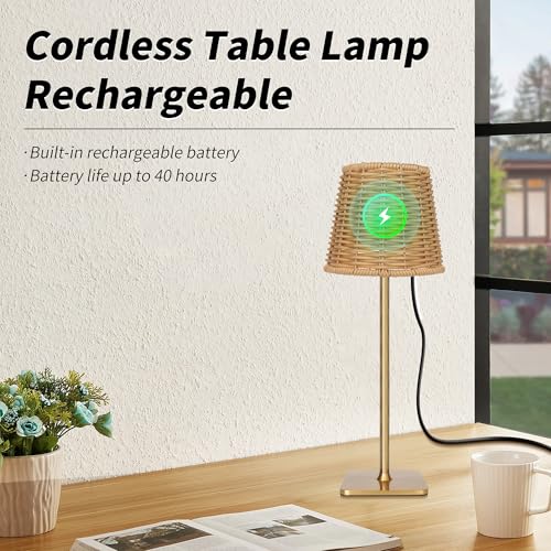 Outdoor Waterproof Cordless Set of 2 Rechargeable Portable Top Touch Battery Operated Powered LED Table Lamp Desk Lamp Lights for Restaurant Kitchen Patio Dinner Dining ((2 Pack)Gold+Wicker Lampshade)