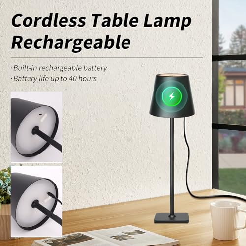 Outdoor Waterproof Cordless Wireless Rechargeable Portable Top Touch Battery Operated Powered LED Table Lamp Desk Lamp Lights for Restaurant Kitchen Patio Dinner Dining (Black+Wicker Lampshade)