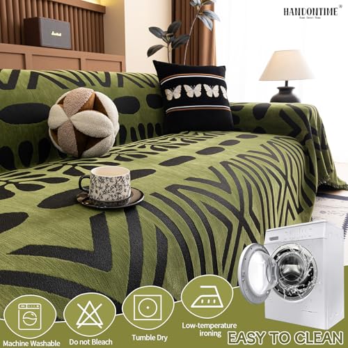 Boho Couch Cover Geometric Striped Pet Covers for Couches and Sofas Olive Green and Black Dog Cover for Couch Pet Friendly Chenille Sectional Sofa Covers for Pets Washable (71" x 150" / Stripe: Olive Green and Black)