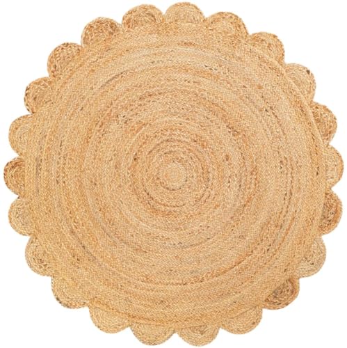 Handwoven Natural Jute Round Rug with Scalloped Edge Braided Boho Area Rug for Living Room (5' (Round)) / Natural)