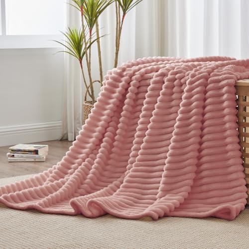 Ribbed Fleece Throw Blanket for Couch (Dusty Pink / Throw(50"x60"))