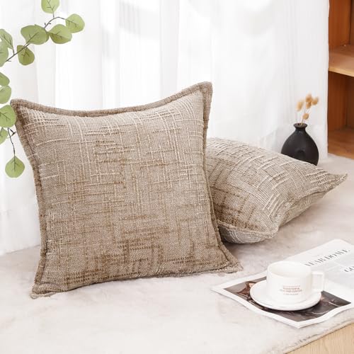 Chenille Throw Pillow Covers 18x18 Inch (Chenille-light Brown / 18" x 18" (Pack of 2))