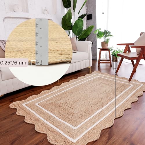 Wave Scalloped Jute Rug Entryway Natural Boho Area Rug Off (4'x6' / White)