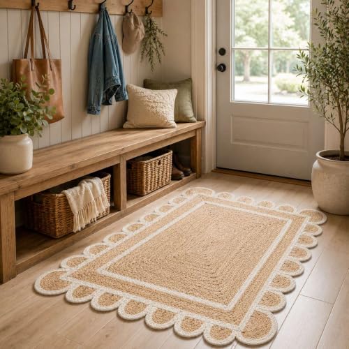 Scalloped Natural Jute Area Rug 4x6 Ft (Off White / 4' x 6' (Rectangular))