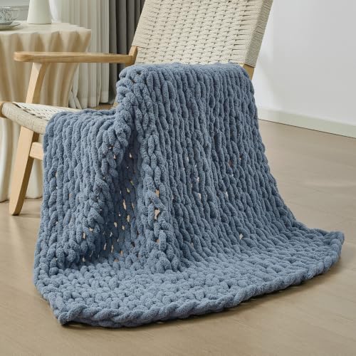 Chunky Knit Throw Blanket for Couch (Cold Sea Blue / 40"x40" (Small Size Throw）)
