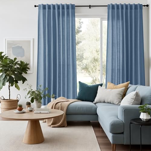 Stone Blue Linen Curtains 96 Inches Long for Bedroom Back Tab Modern Simplicity Farmhouse Coastal Decor Light Filtering Curtain for Living Room Dinning Room 52x96 8 FT (52"W x 96"L (Pack of 2) / Stone Blue)